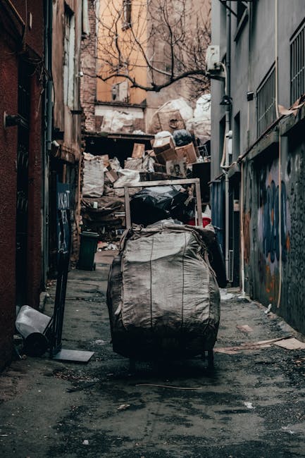 A narrow urban alleyway cluttered with an assortment of discarded rubbish, including black and white plastic bags, cardboard boxes, and miscellaneous debris piled up against a wall at the far end. In the foreground, there is a large, weathered black and gray trolley bag with visible creases and dirt, positioned in the center of the alley. The alley is flanked by tall buildings on both sides; the left side features a brick wall with some graffiti, while the right side has a metal fence with vertical bars and a small, closed door. The ground surface is dark, stained, and uneven, with patches of dirt and scattered trash. Bare tree branches are visible overhead, suggesting a winter or late autumn setting. The lighting is subdued, with diffuse natural light casting soft shadows, highlighting the chaos of clutter typical of unregulated rubbish accumulation, which can often be seen in urban environments where private or alternative waste handling methods, such as rubbish clearance services, are employed by companies like Rubbish Clearance Kingston upon Thames.