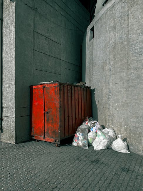 A large, rectangular metal skip painted in faded red with visible rust patches sits against a dark green wall on the left side and a light grey concrete wall on the right, in an outdoor urban setting. The skip is upright with its front facing slightly towards the viewer, positioned on a textured grey paving surface. Several transparent plastic rubbish bags, filled with mixed waste, are piled next to the base of the skip, some leaning against it. The bags contain visible items such as plastic bottles, paper, and packaging materials. In the background, a small rectangular window is embedded high on the grey wall, with metal framing. The environment appears clean but shows signs of regular waste disposal activity, consistent with on-site rubbish clearance or private waste removal services. The scene captures an everyday instance of rubbish awaiting collection outside a building, highlighting the kind of waste that services like those offered by rubbishclearancekingstonuponthames.com manage on a typical day.